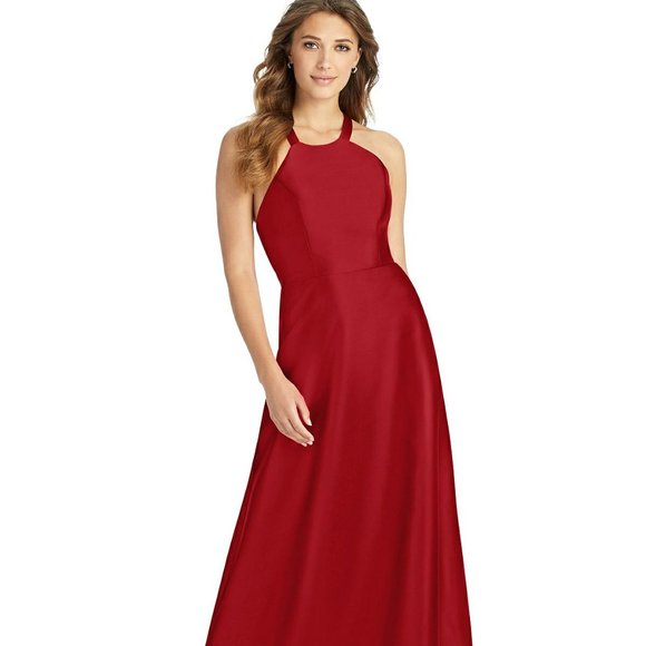 Alfred Sung D763..Full length, Halter, Lace-up Back, Satin Dress..Garnet.Size 8 - Picture 1 of 6